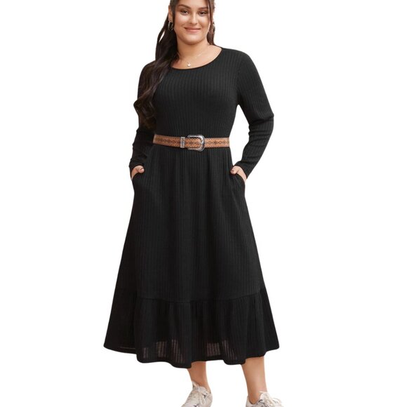 BLOOMMCHIC Black Ribbed Knit Fit & Flare Ruffled Midi Sweater Dress 14-16 NWT - Picture 3 of 13